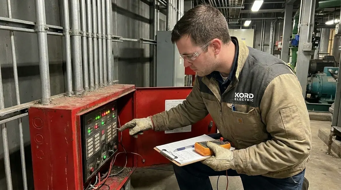 Technician correcting fire alarm panel issues for Title 19 compliance
