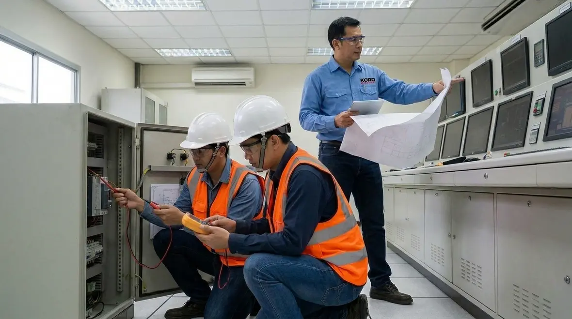 Kord Electric technicians coordinating on-site Title 19 electrical testing in a commercial facility