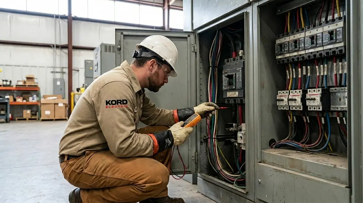 Electrician performing Title 19 electrical testing on commercial switchgear