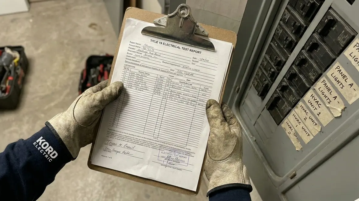 Organized Title 19 electrical testing documentation and labeled panels for a commercial building