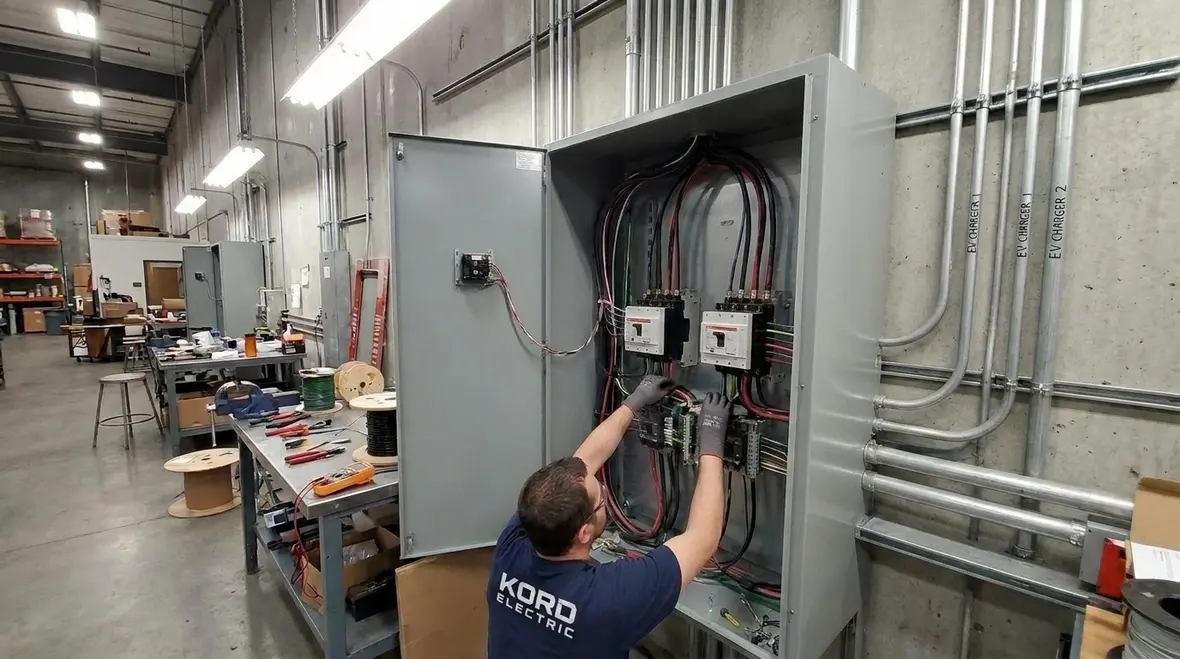 Inspector reviewing permitted EV charger installation at a commercial property