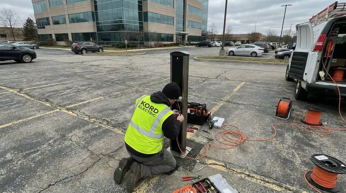 Commercial parking structure with EV chargers installed for Title 24 compliance