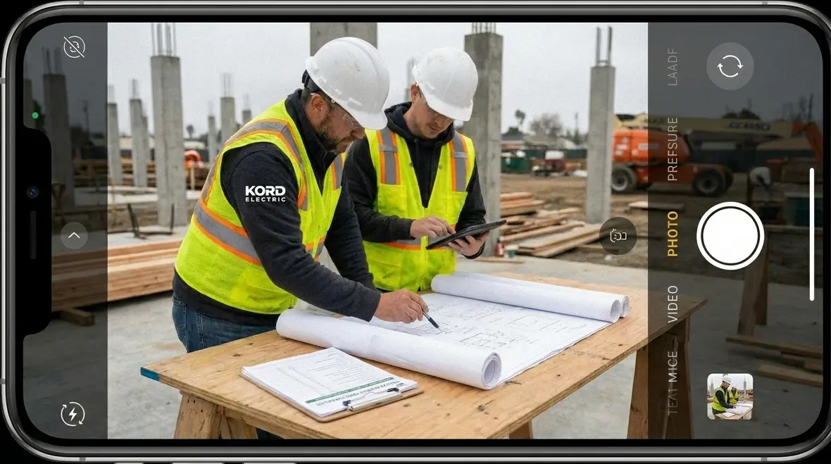 Technicians reviewing a Title 24 energy code checklist for a commercial project