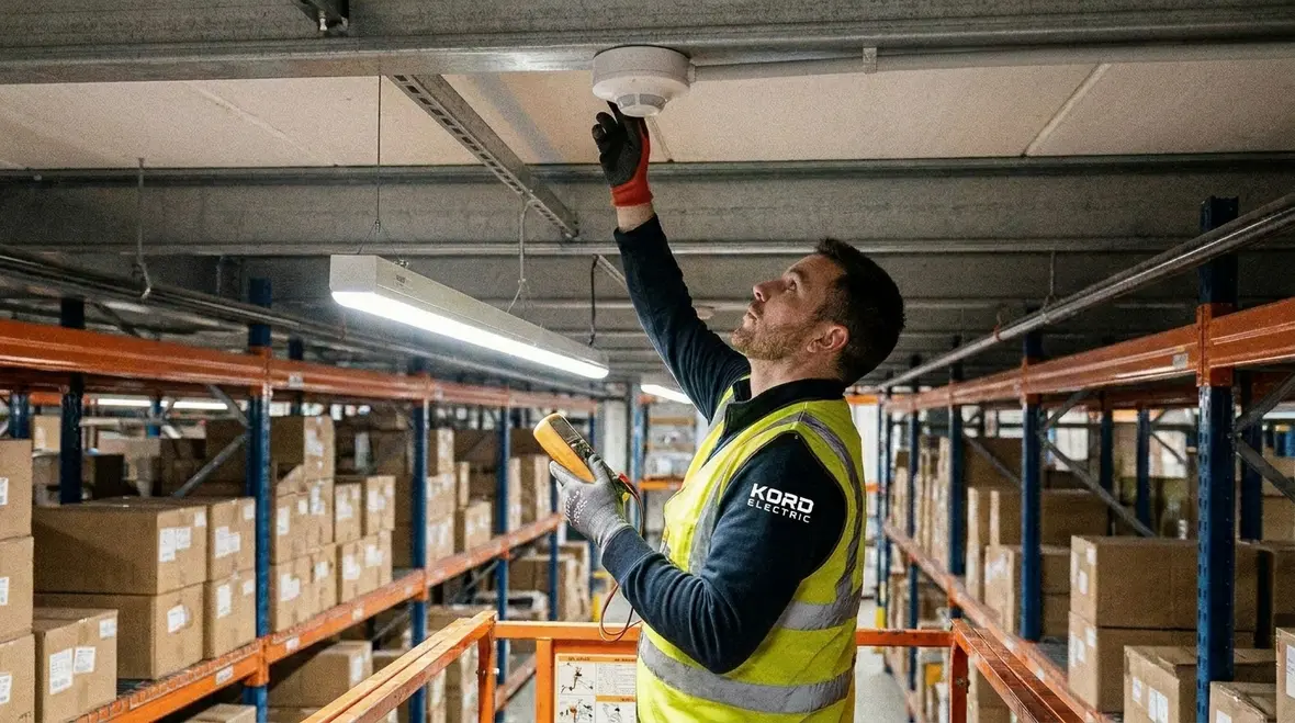 Technician checking warehouse lighting levels and controls