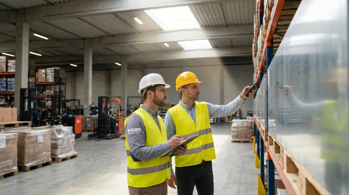 Warehouse technician reviewing Title 24 lighting documentation