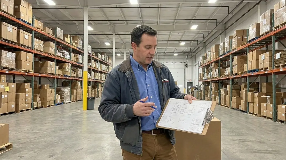 Inspector reviewing warehouse lighting documentation for Title 24