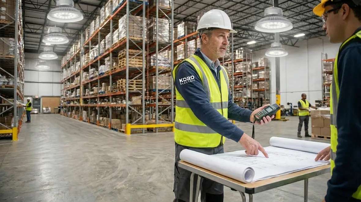 Planned warehouse lighting layout aligned with aisles and workflow