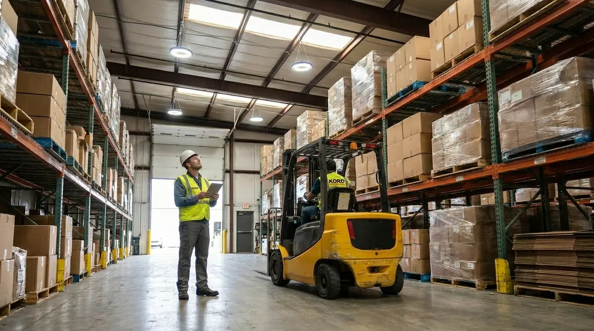 Warehouse staff working under efficient LED lighting for better ROI
