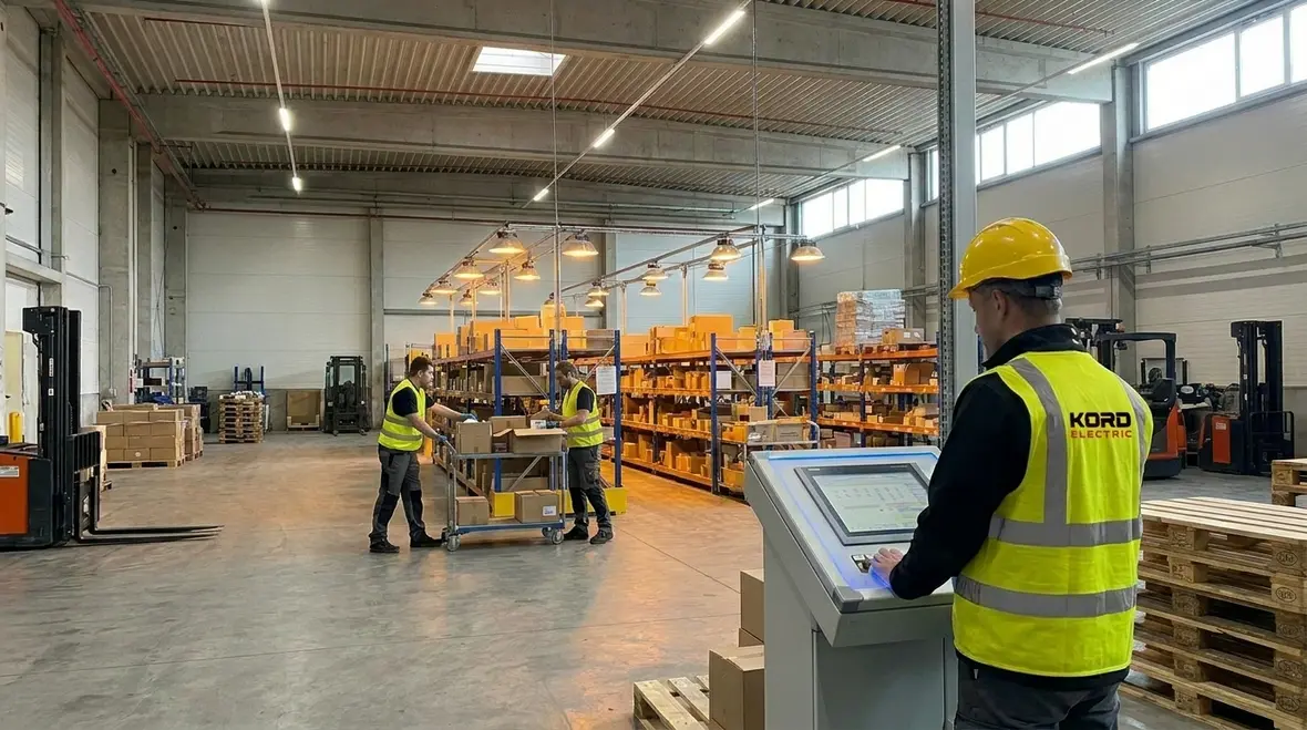Warehouse lighting efficiency upgrades with LED high bay fixtures in tall rack aisles