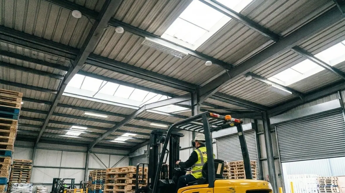 Technician performing preventive maintenance on warehouse lighting system