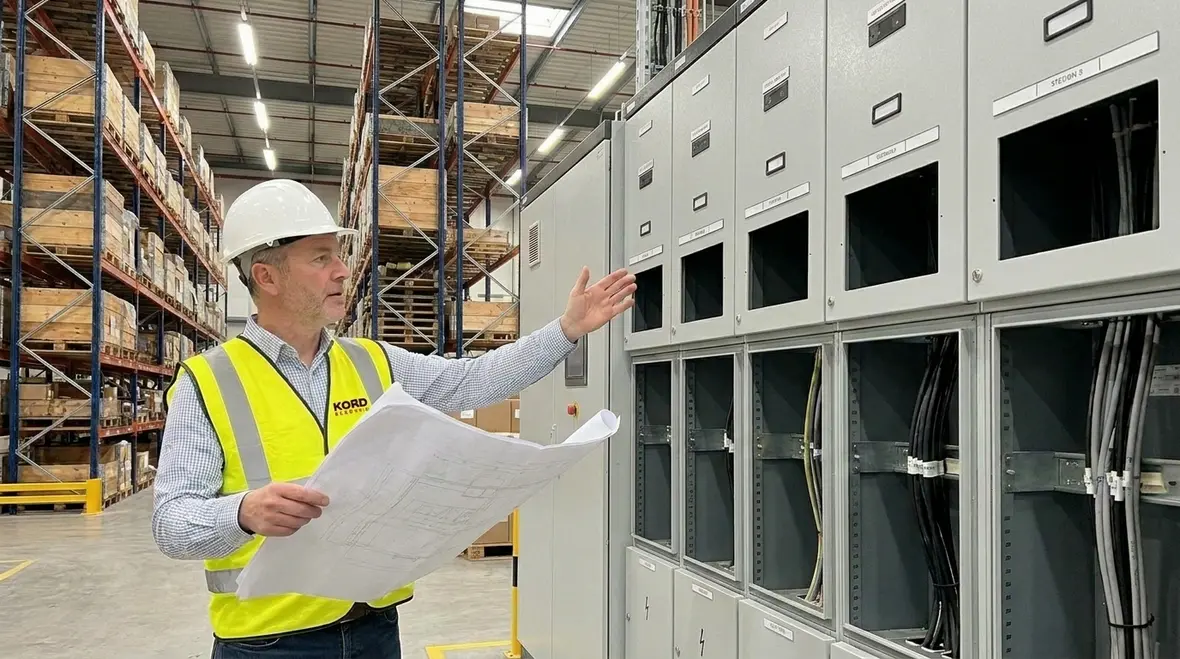 Balanced warehouse electrical panel with clearly labeled circuits