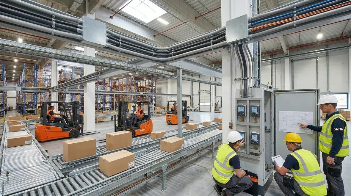 Technicians reviewing advanced warehouse power distribution layout
