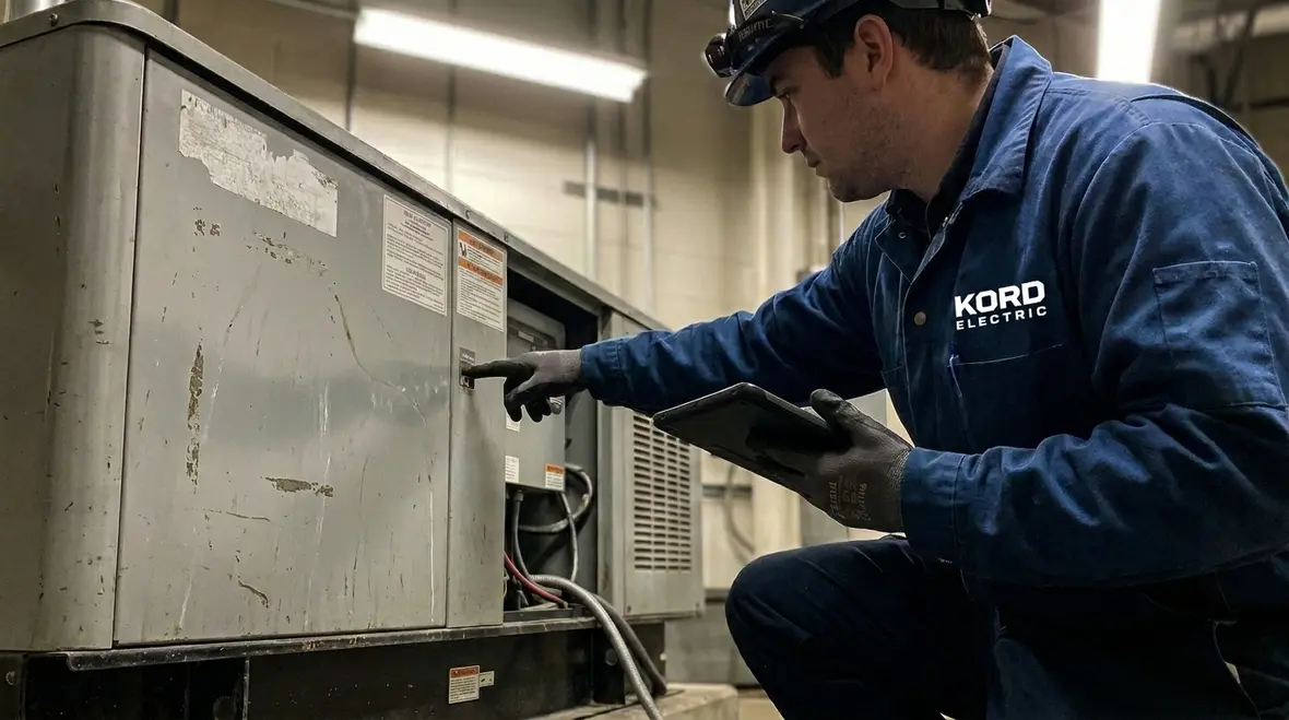 Technicians configuring backup power for offices in a commercial electrical room