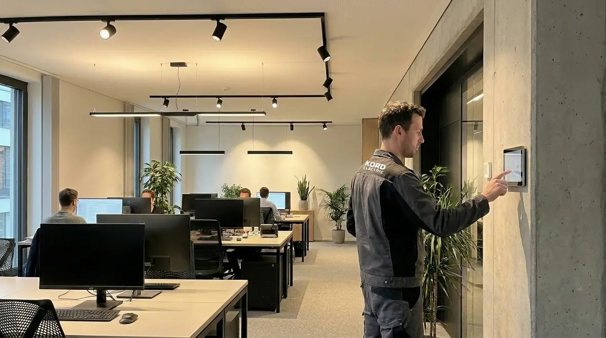 Team reviewing office lighting energy savings data