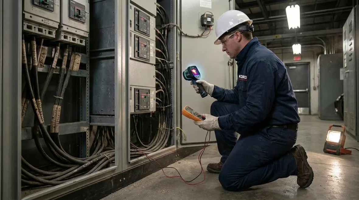 Technicians performing electrical risk assessment for business continuity