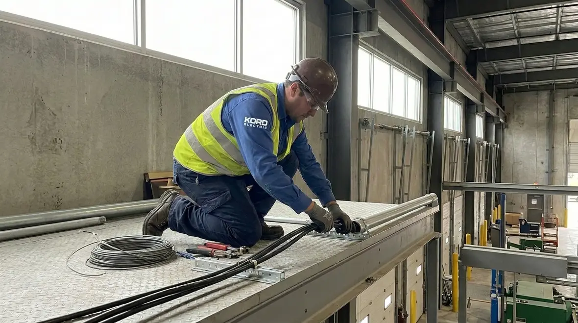 Technician testing grounding and bonding continuity in a commercial electrical system