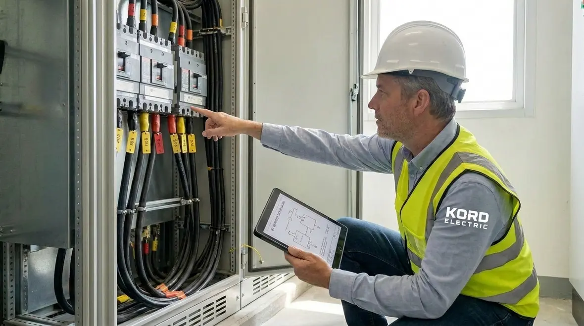 Technician sizing electrical capacity for commercial EV charging installation