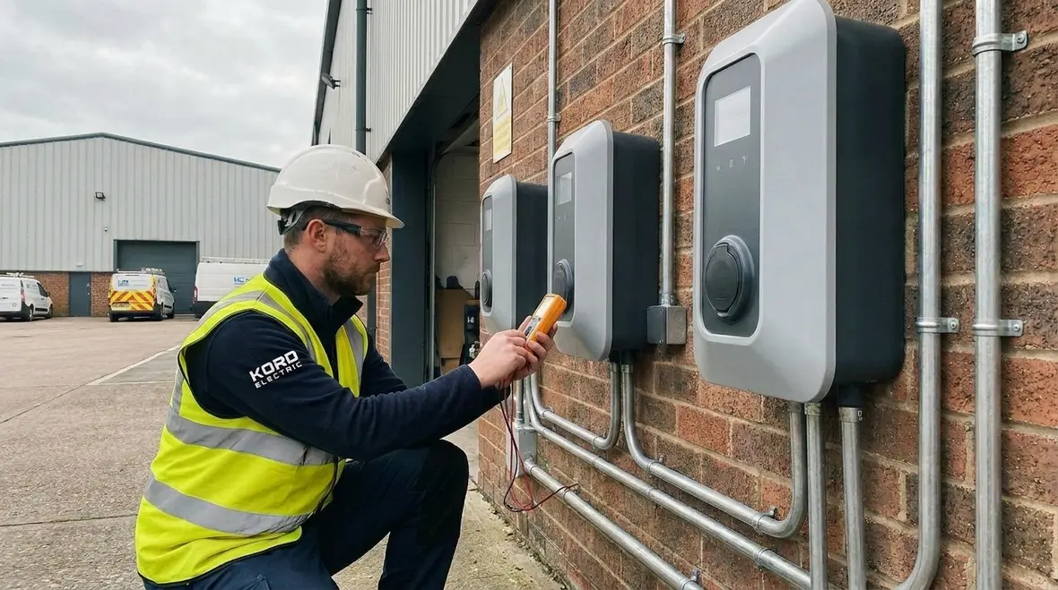 Technicians planning NEC-compliant commercial EV charging station layout
