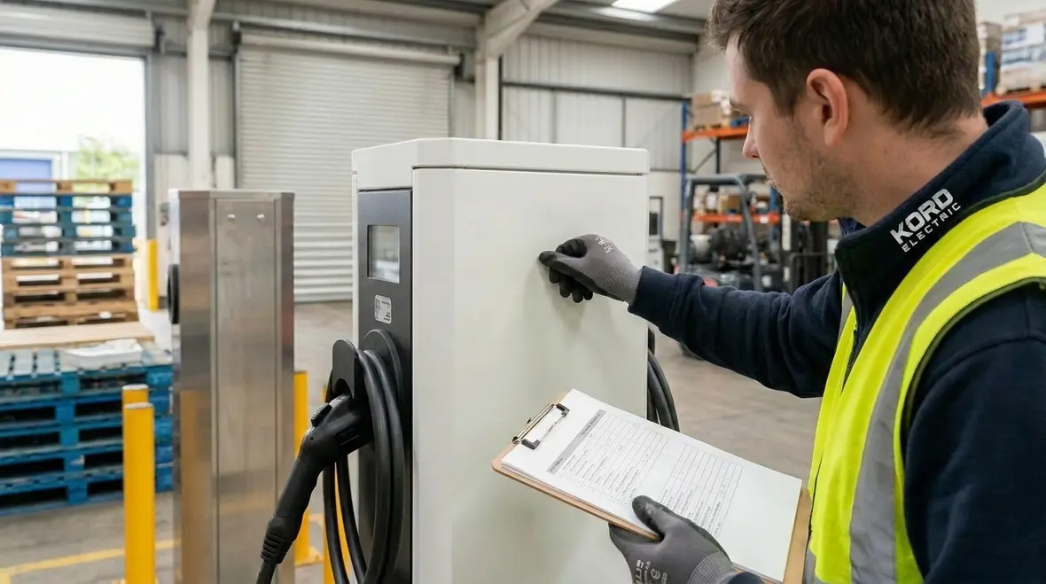 Technician performing preventive maintenance on commercial EV fleet charging equipment