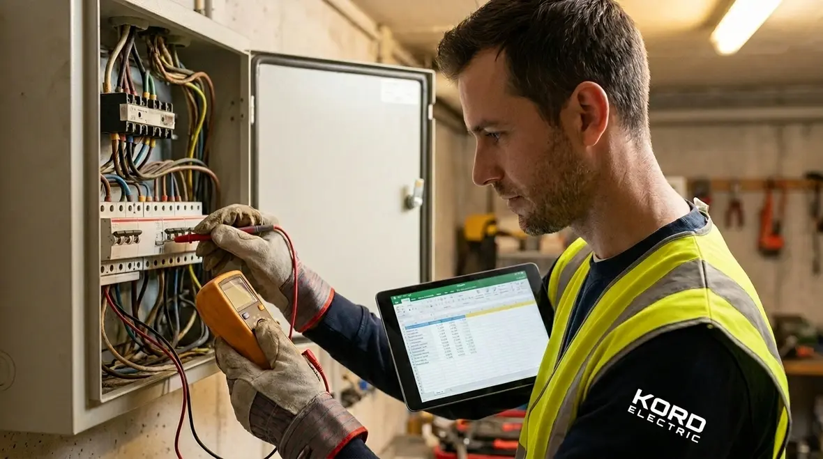 Electrician recording electrical safety test results for a commercial facility