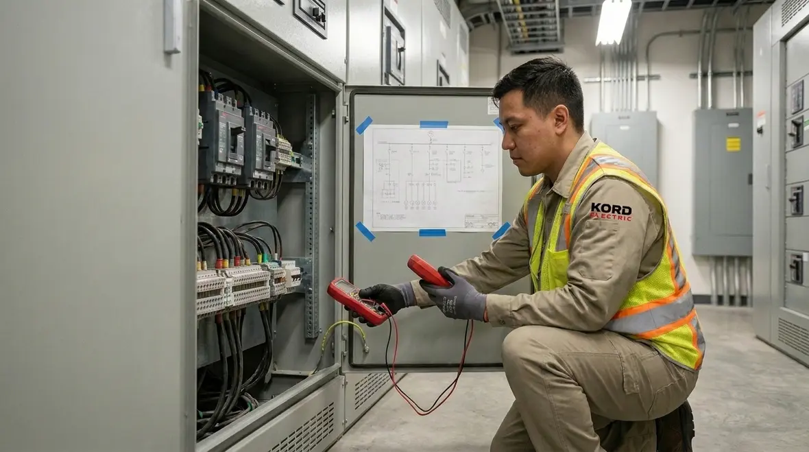 Engineer performing commercial building load study on switchgear