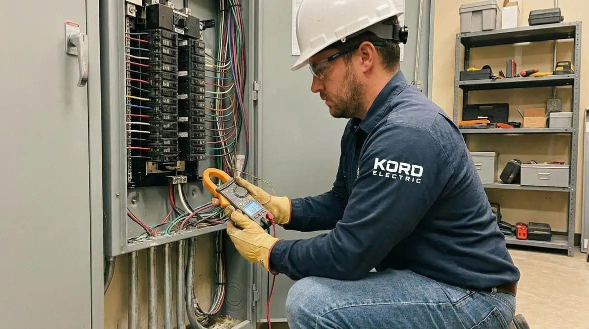 Technician verifying commercial building phase balance inside an electrical panel