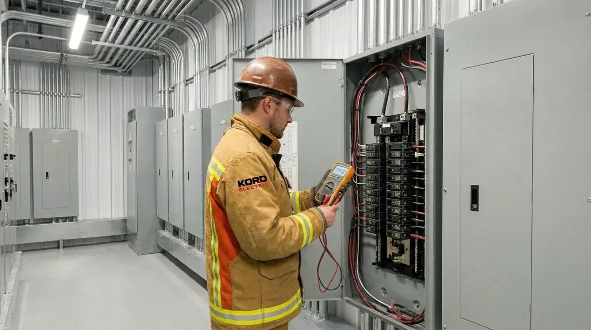 Commercial electrician inspecting a main electrical panel for performance issues