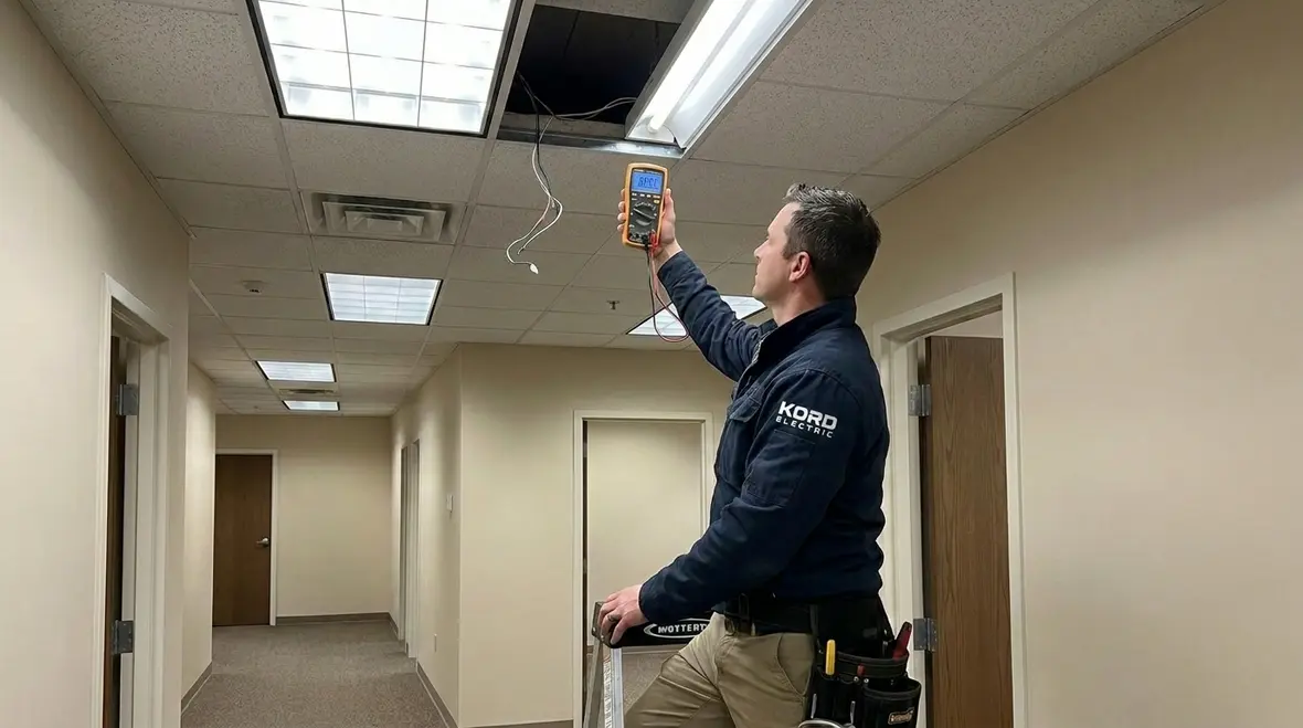 Commercial lighting circuits being tested for voltage drops and flicker issues