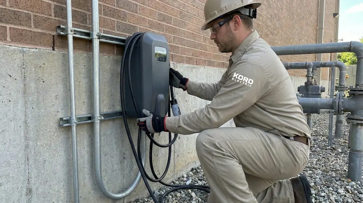 Technicians reviewing commercial EV charging layout