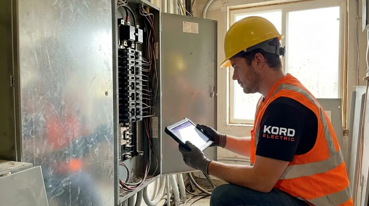 Electricians reviewing commercial electrical asset management schedule
