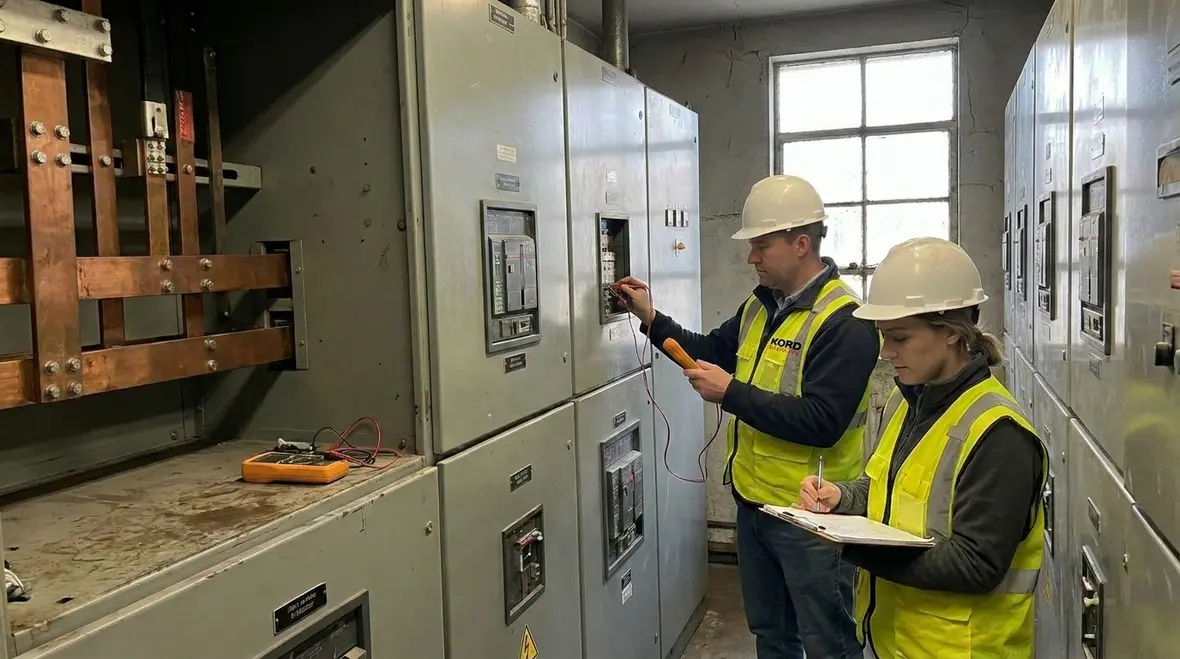 Technician testing commercial electrical panels and documenting results