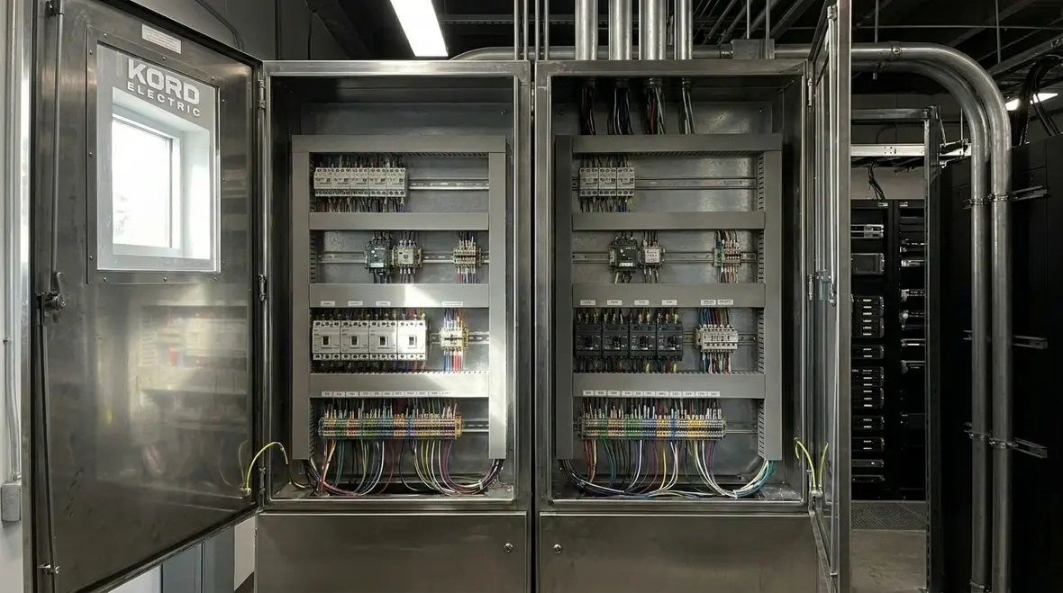Technicians reviewing data center monitoring and protection coordination