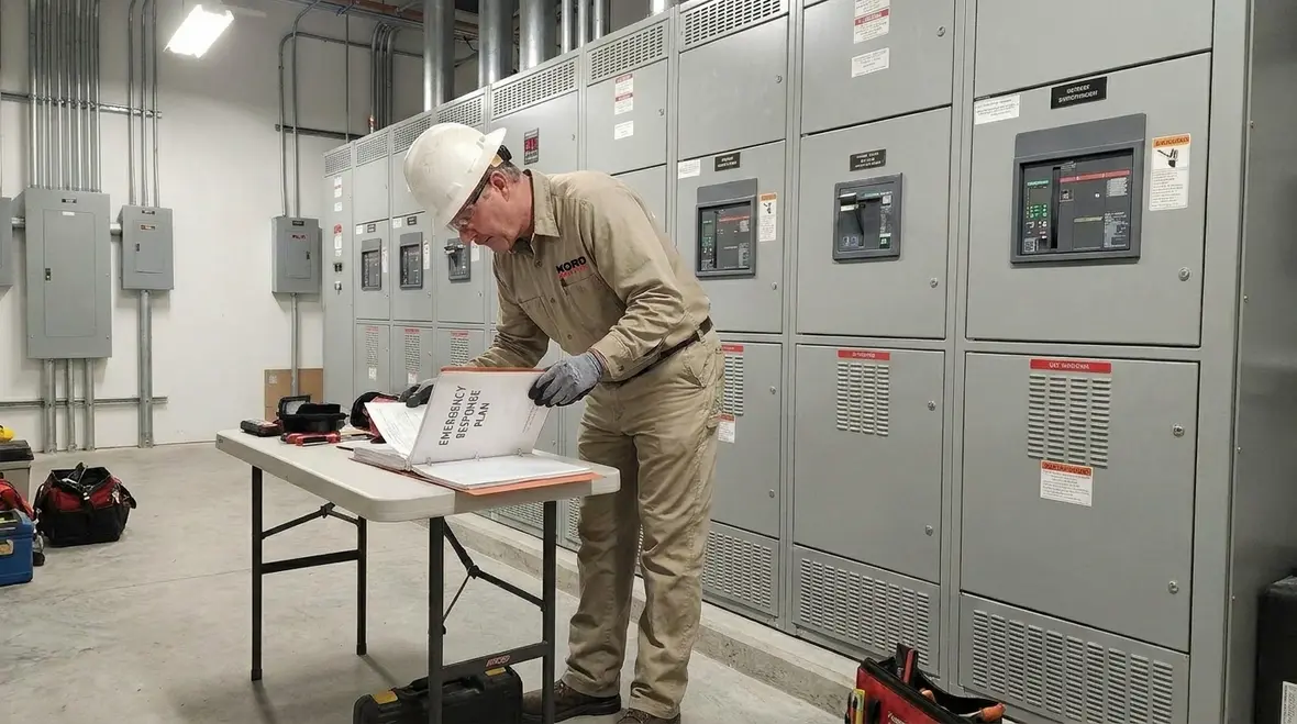 Commercial electrical emergency response team reviewing plans