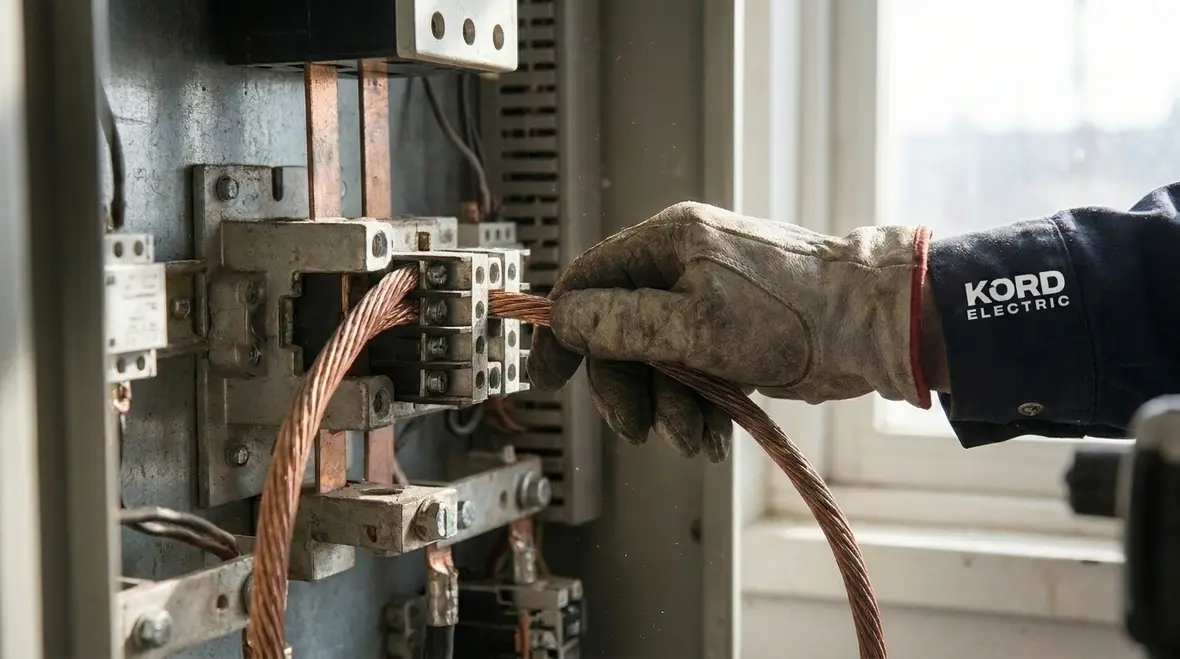 Commercial electrician inspecting building grounding connections
