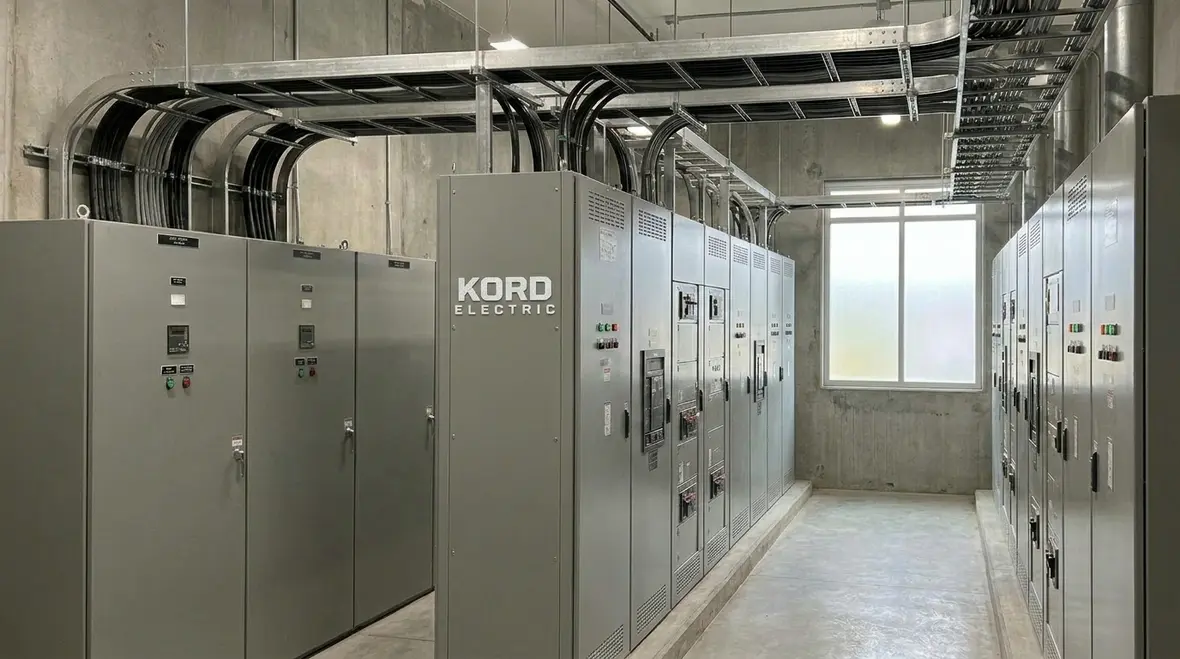 Technicians reviewing a commercial electrical infrastructure modernization plan in an electrical room