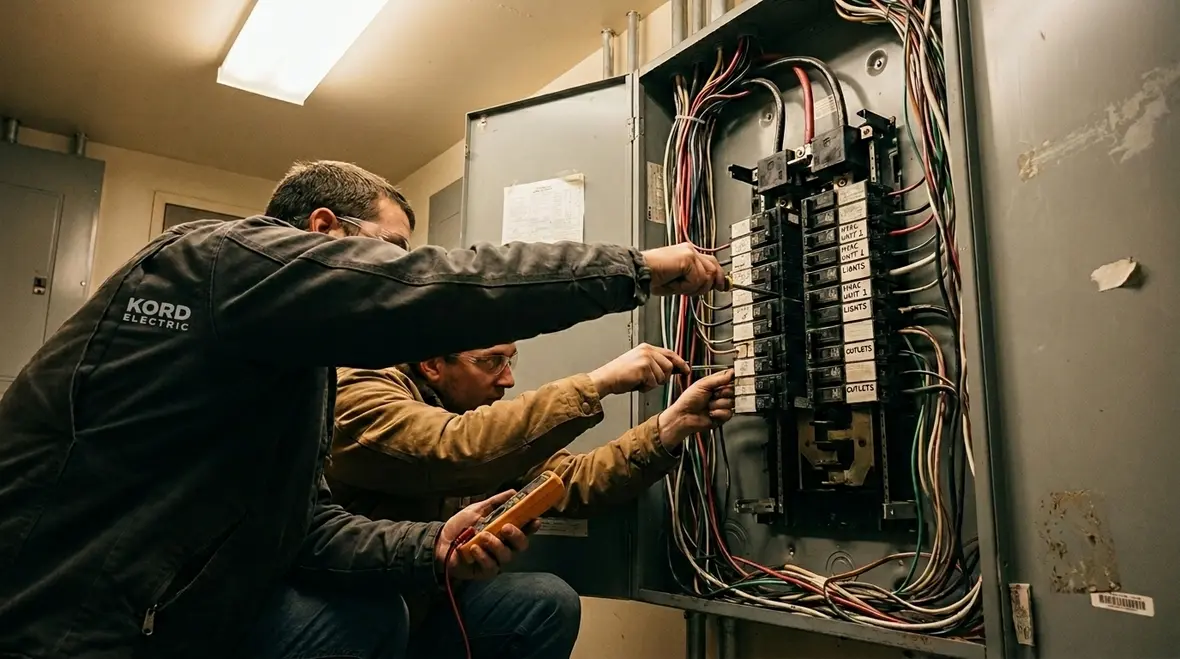 Commercial electricians rebalancing circuits to prevent overload trips