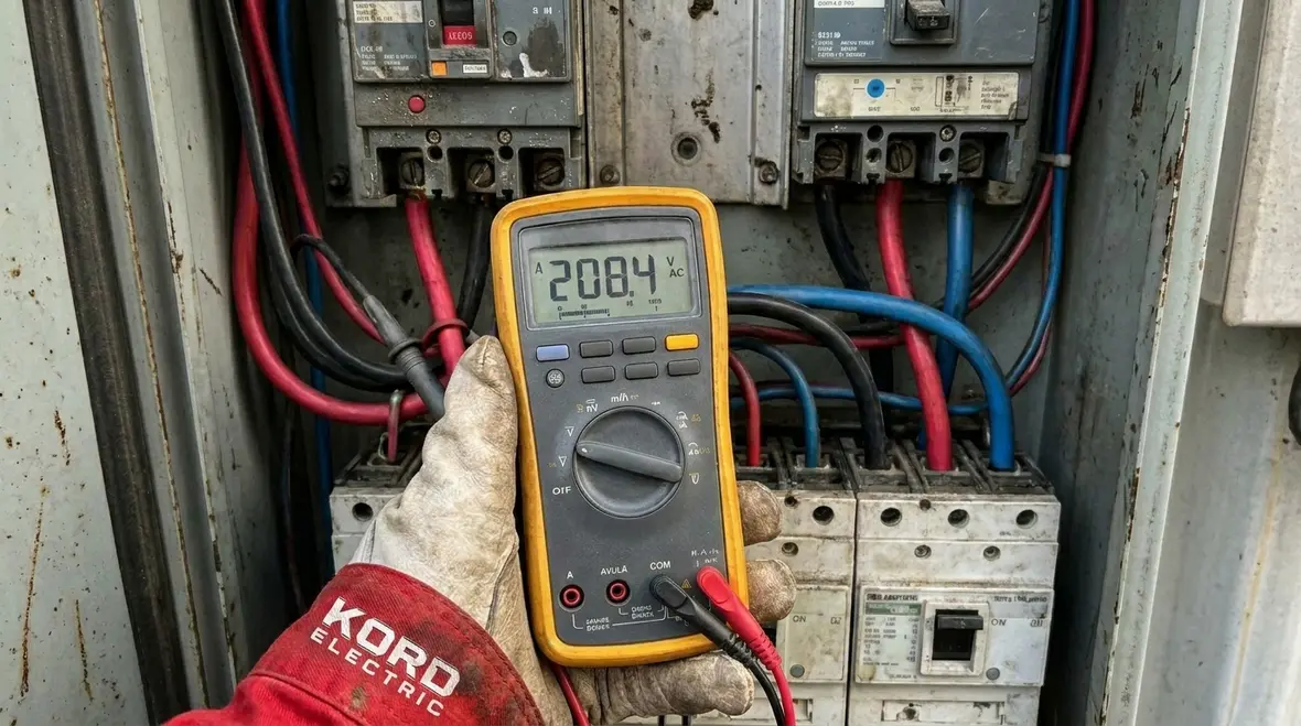 Technician performing commercial electrical load balancing in a large electrical room
