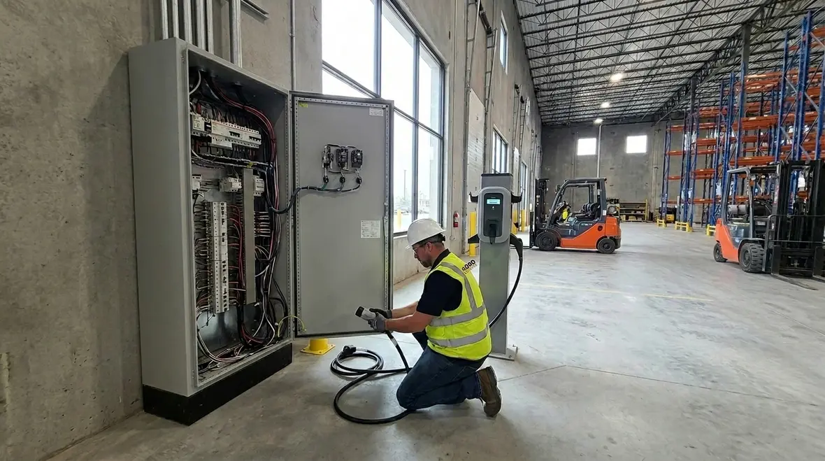 Technicians planning commercial electrical load balancing for new equipment