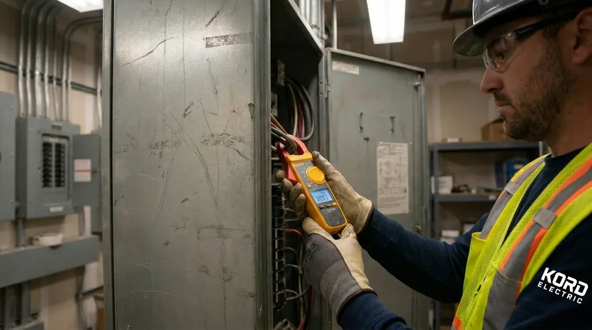 Technician performing commercial electrical load balancing to prevent overloads