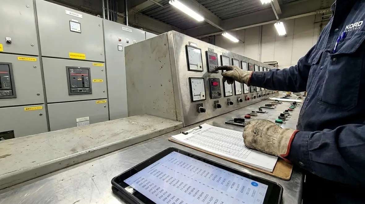 Technicians reviewing commercial building load data for shedding strategy