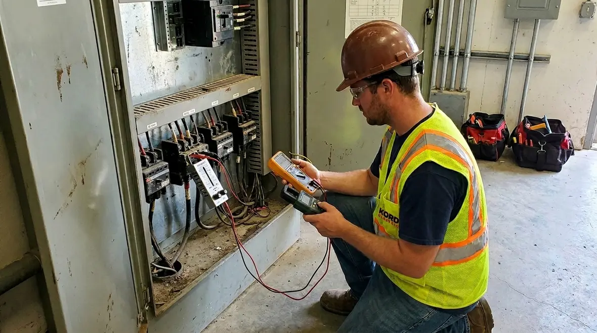 Technician performing commercial electrical load testing in a mechanical room