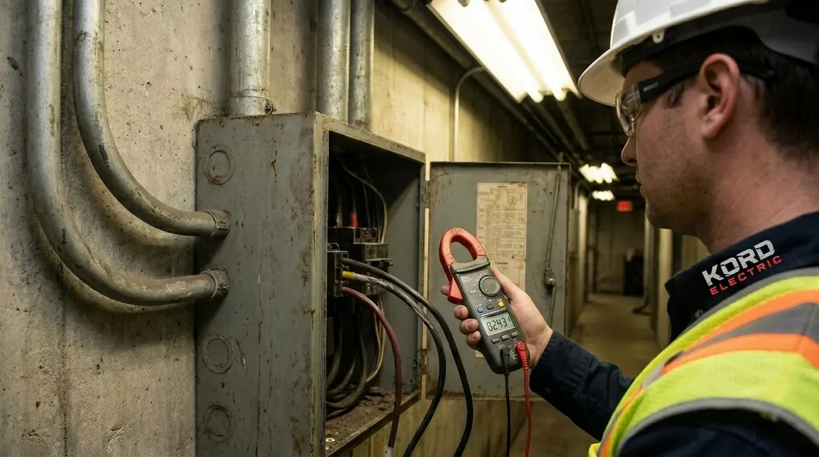 Technician performing commercial electrical load testing on switchgear