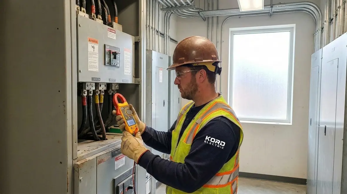 Technician performing commercial electrical load testing on a main distribution panel