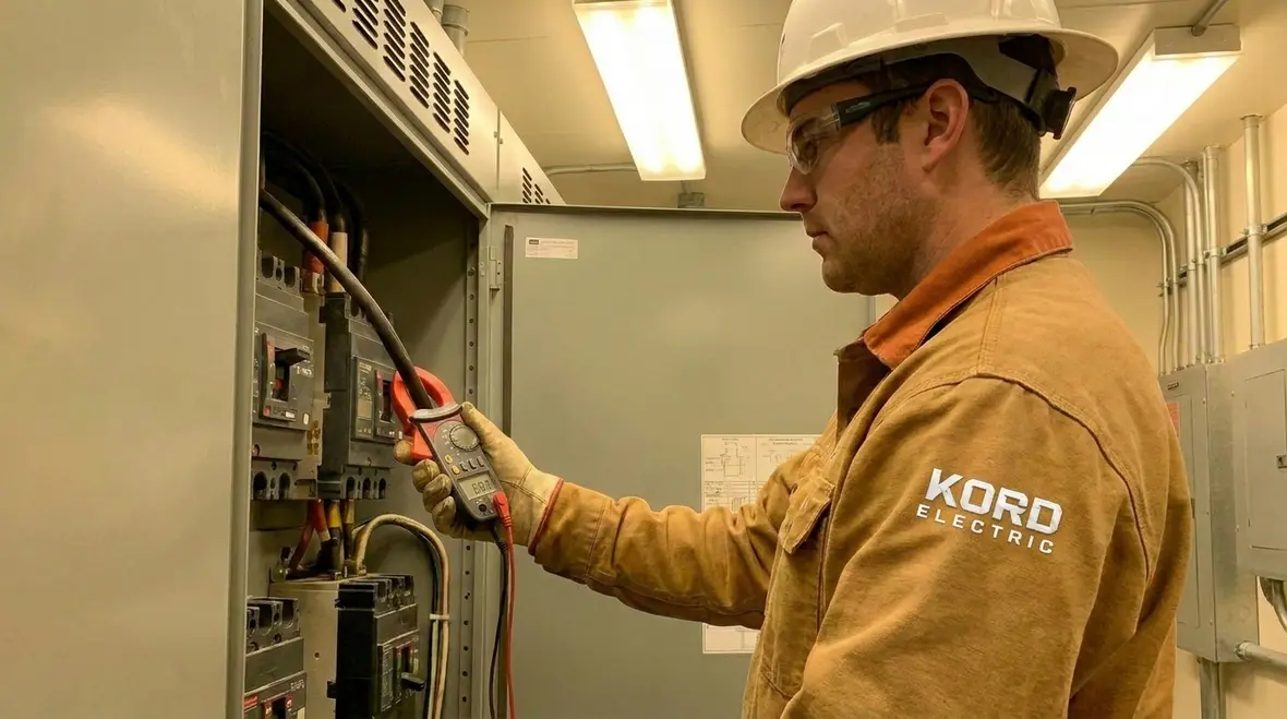 Technician performing commercial electrical load testing in an equipment room