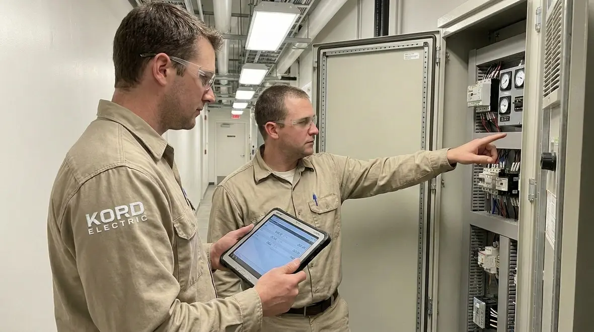 Technician performing commercial electrical load testing in a major property building