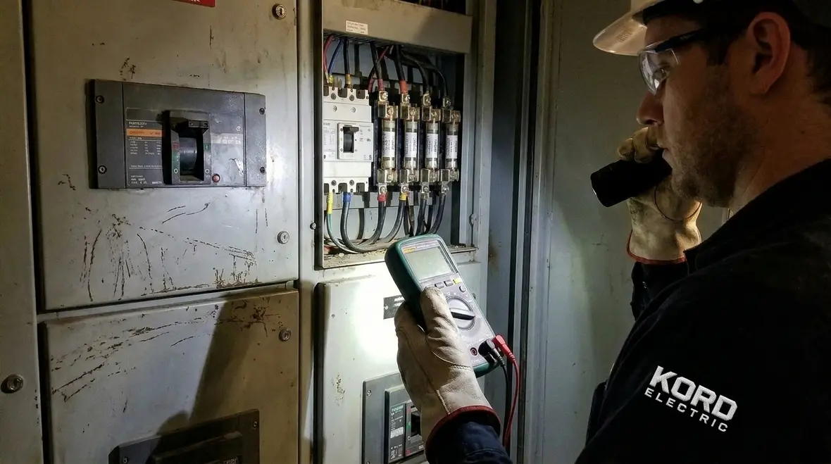 Commercial electrical equipment and panels under load during safety testing