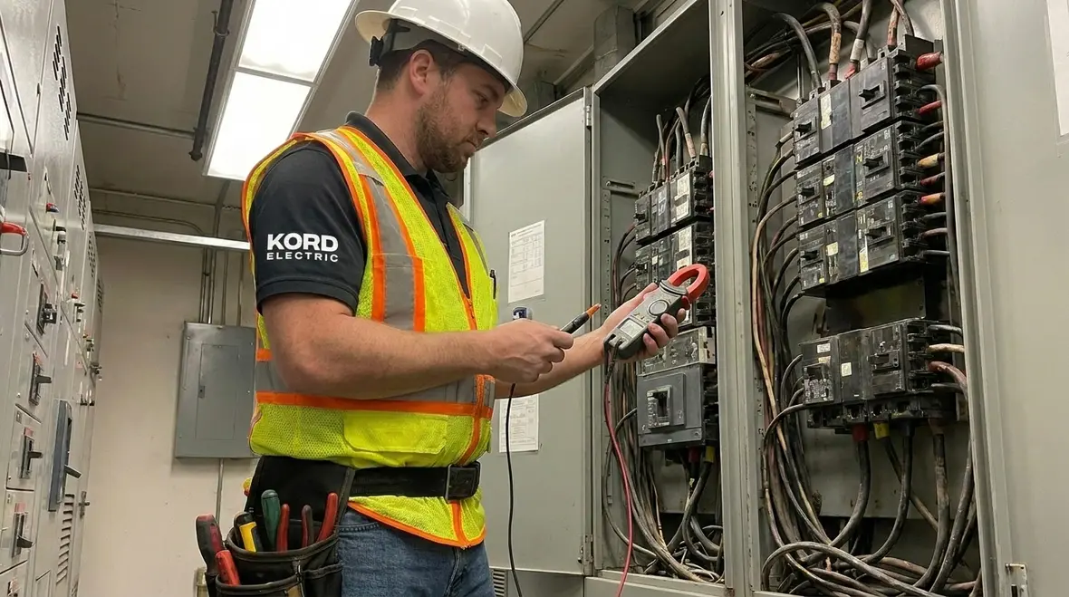 Technician performing commercial electrical load testing in an industrial facility