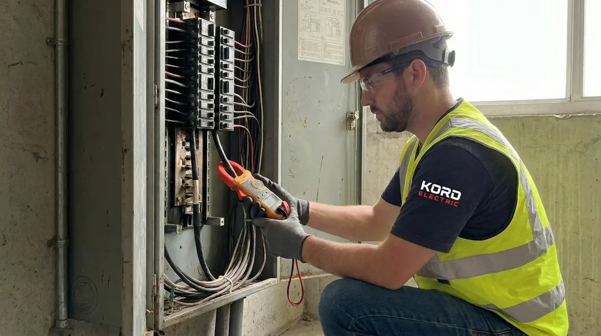 Technician performing commercial electrical load testing on a main distribution panel