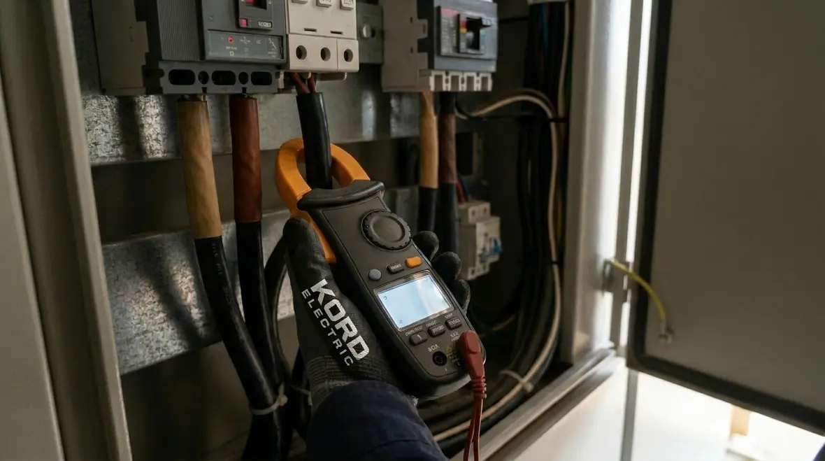 Technician reviewing voltage fluctuation data for a commercial facility
