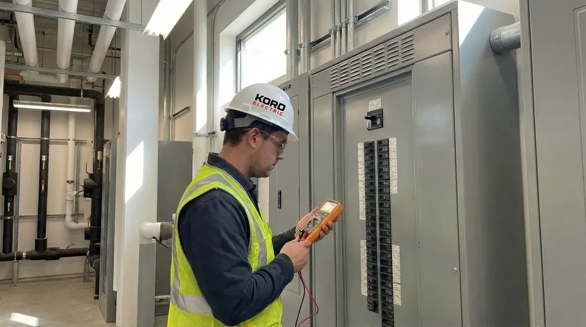 Technician performing commercial electrical load testing on a main panel